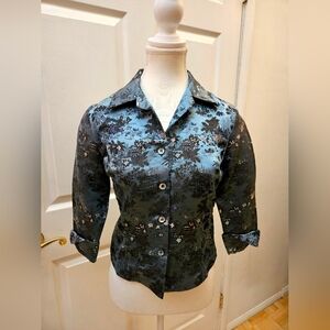 NEW SILK BOX Brocade Light Blue Swan Chinoiserie Floral Button-Up Blouse 2
